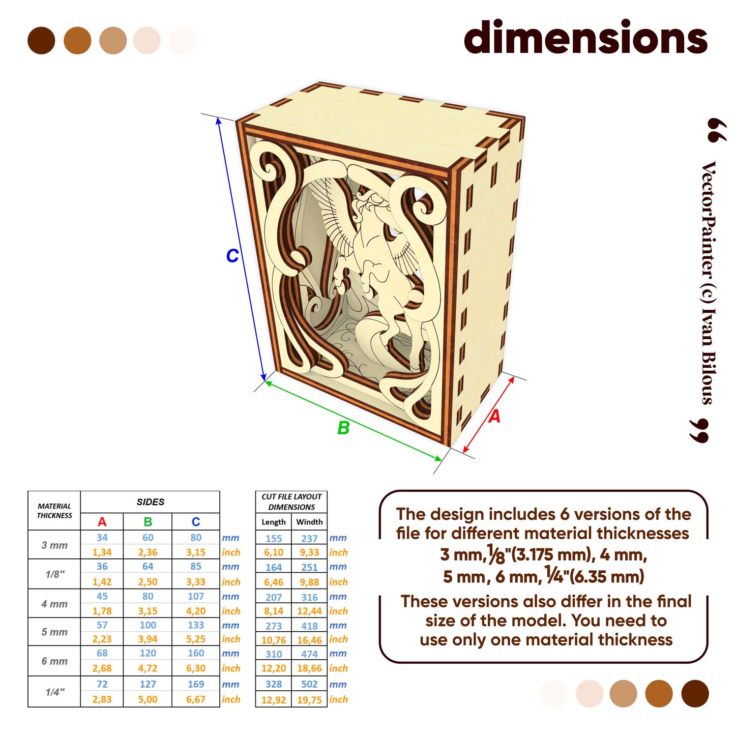 Wooden box with laser-cut design and dimensions on a white background