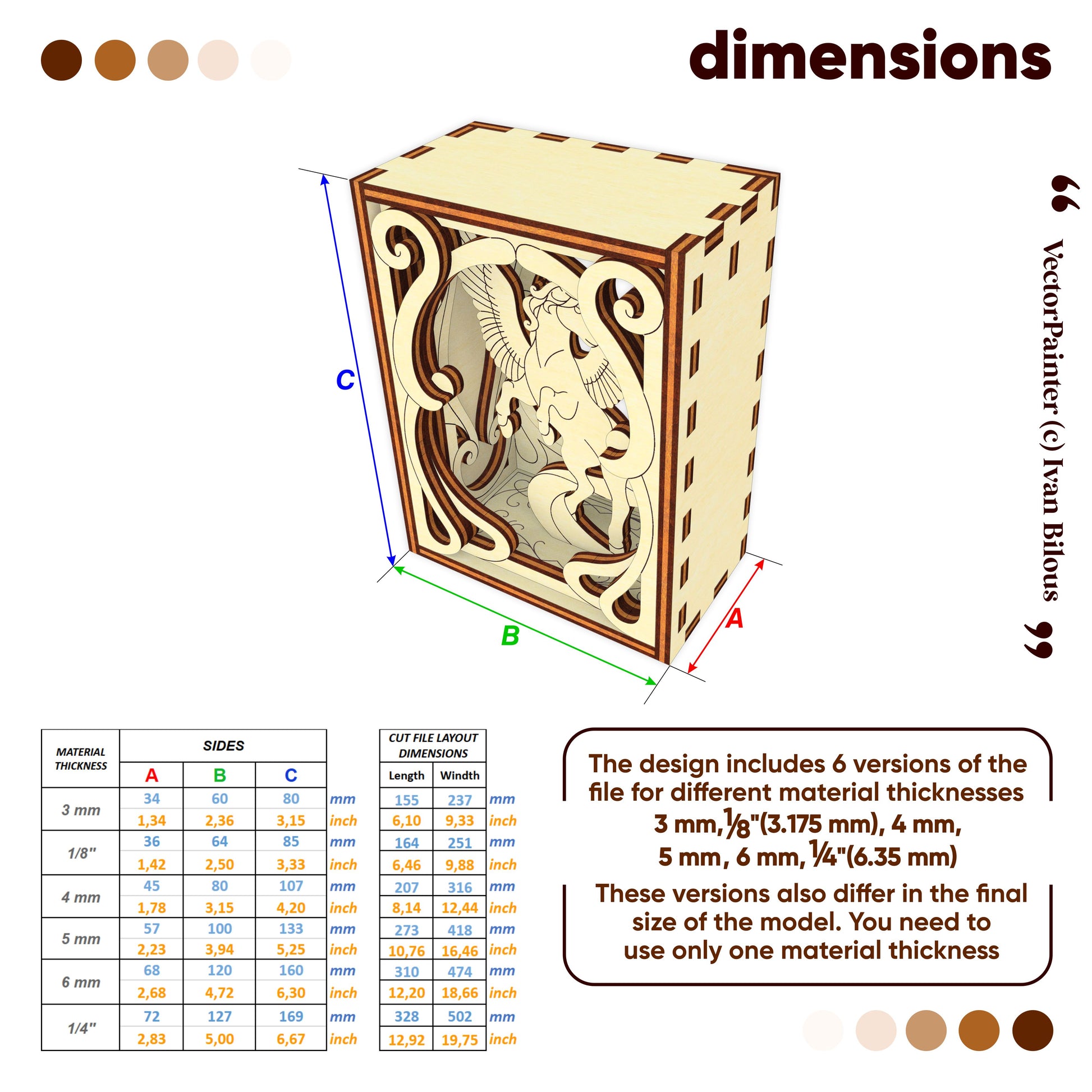 Wooden box with laser-cut design and dimensions on a white background