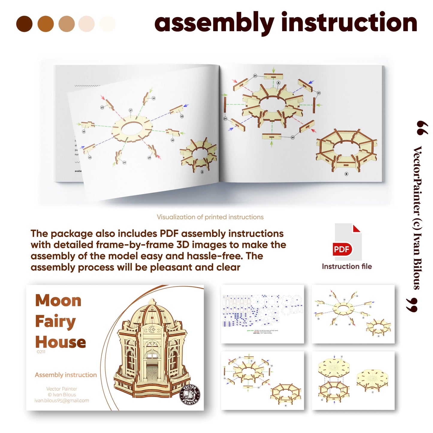 Assembly instruction infographic for Moon Fairy House laser cut plywood model showing step by step 3D visual booklet pages.