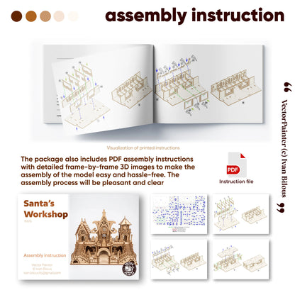 Instruction sheet and booklet preview for assembling a wooden model kit titled 'Santa's Workshop' laser cut model