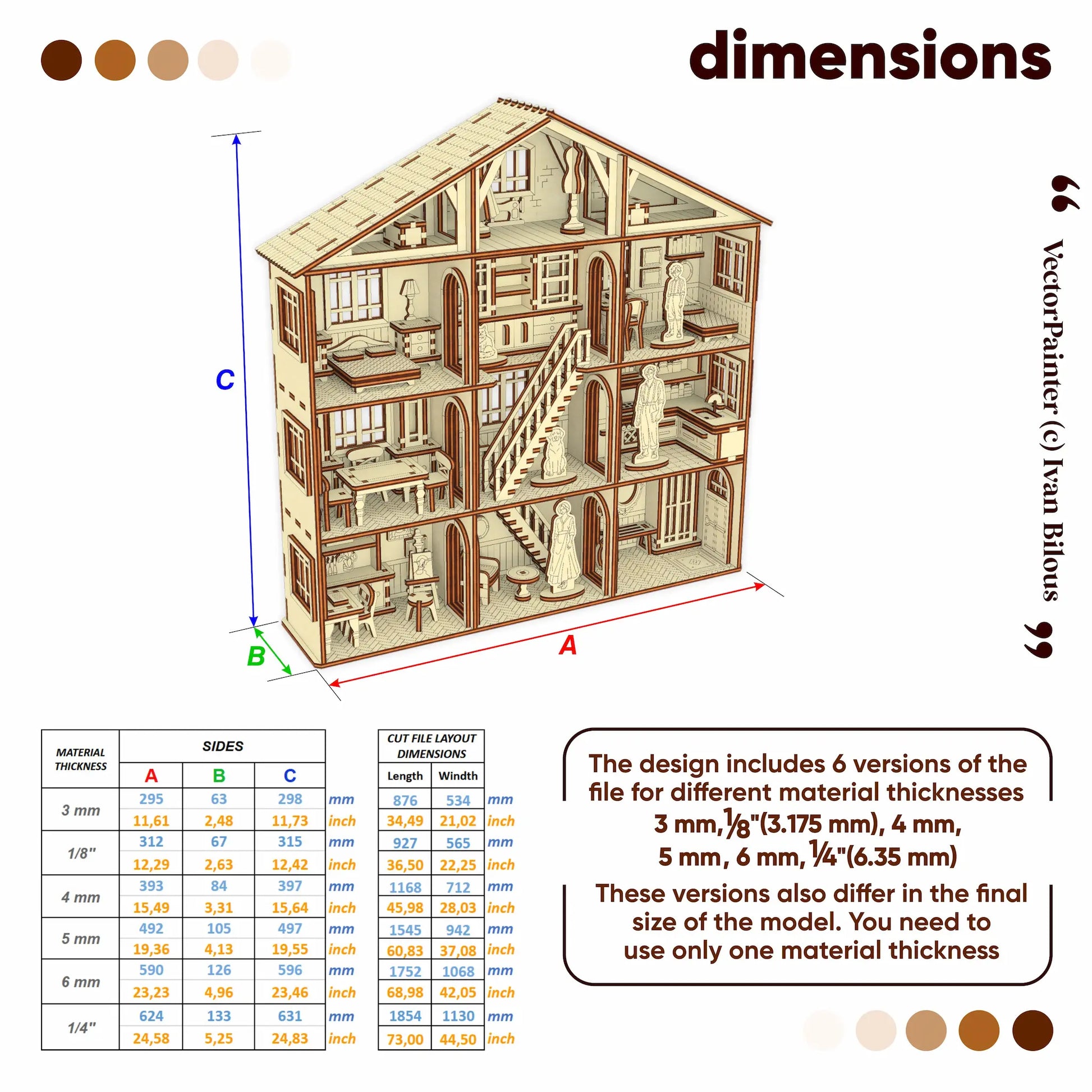 Detailed diagram of a wooden dollhouse with measurements and material thickness options.