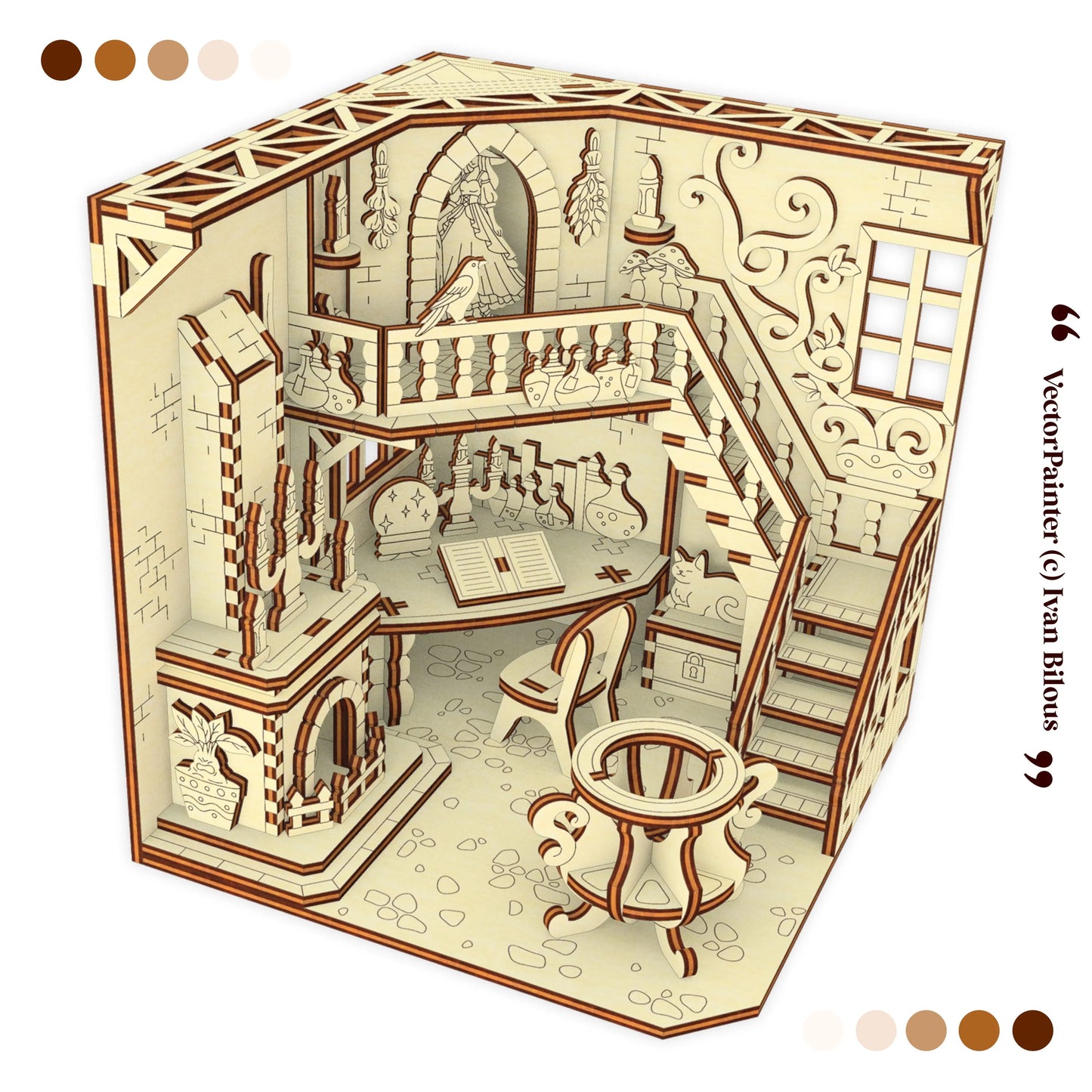 Laser cut book nook model of a detailed room with furniture and decor, featuring a color swatch for texture.