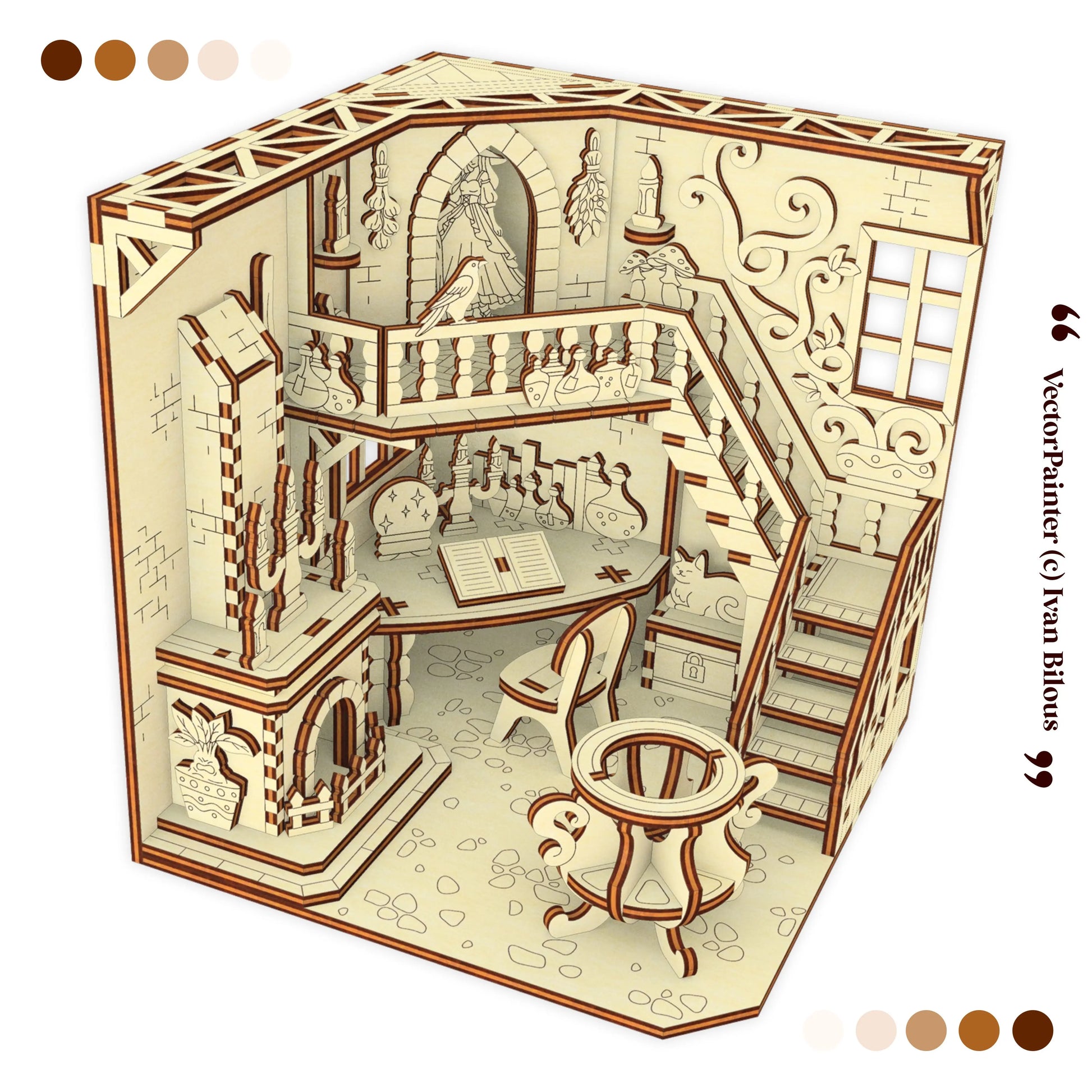 Laser cut book nook model of a detailed room with furniture and decor, featuring a color swatch for texture.