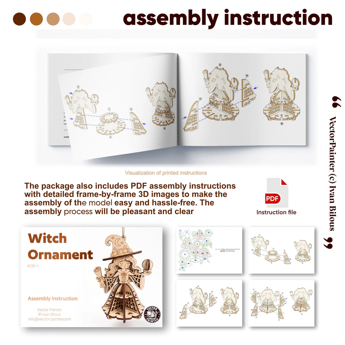 Step-by-step PDF assembly instruction infographic showing 3D diagram pages for building laser cut plywood witch ornament
