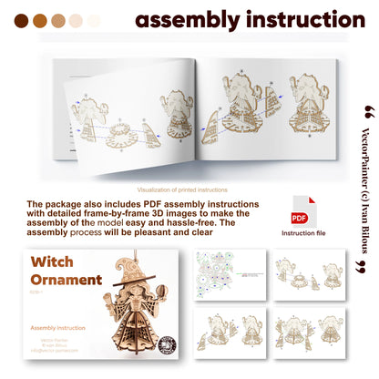 Step-by-step PDF assembly instruction infographic showing 3D diagram pages for building laser cut plywood witch ornament