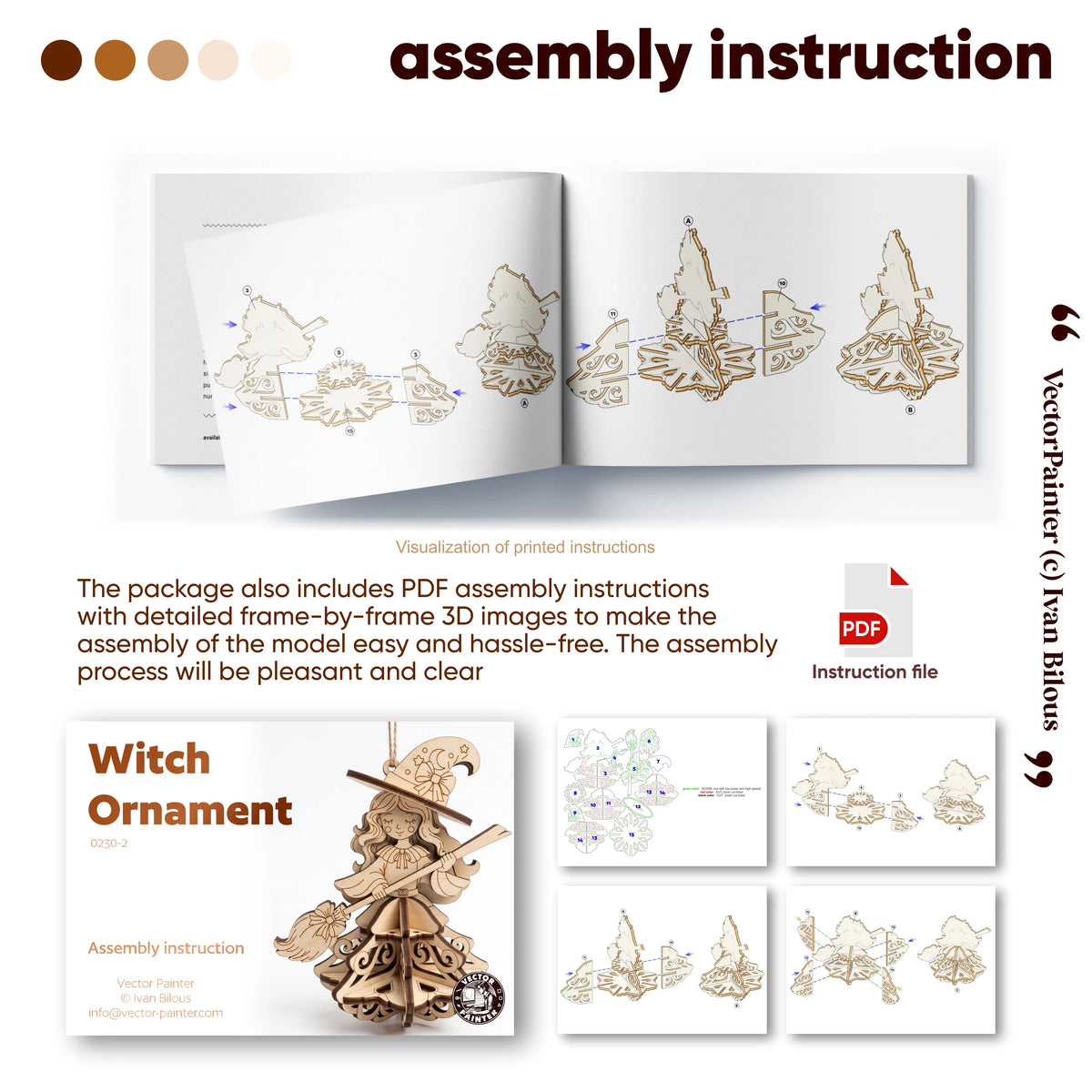 Step-by-step PDF assembly instruction infographic showing 3D diagram pages for building laser cut plywood witch ornament.