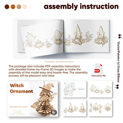 Step-by-step PDF assembly instruction infographic showing 3D diagram pages for building laser cut plywood witch ornament.