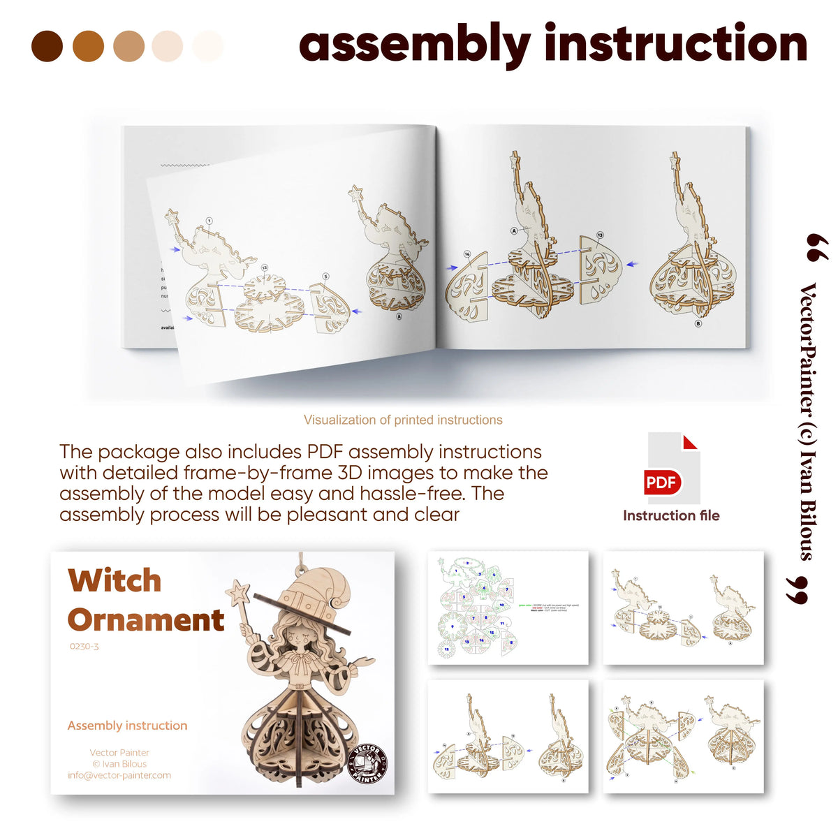 Step-by-step PDF assembly instruction infographic showing 3D diagram pages for building laser cut plywood witch ornament.