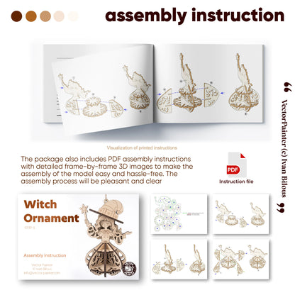 Step-by-step PDF assembly instruction infographic showing 3D diagram pages for building laser cut plywood witch ornament.