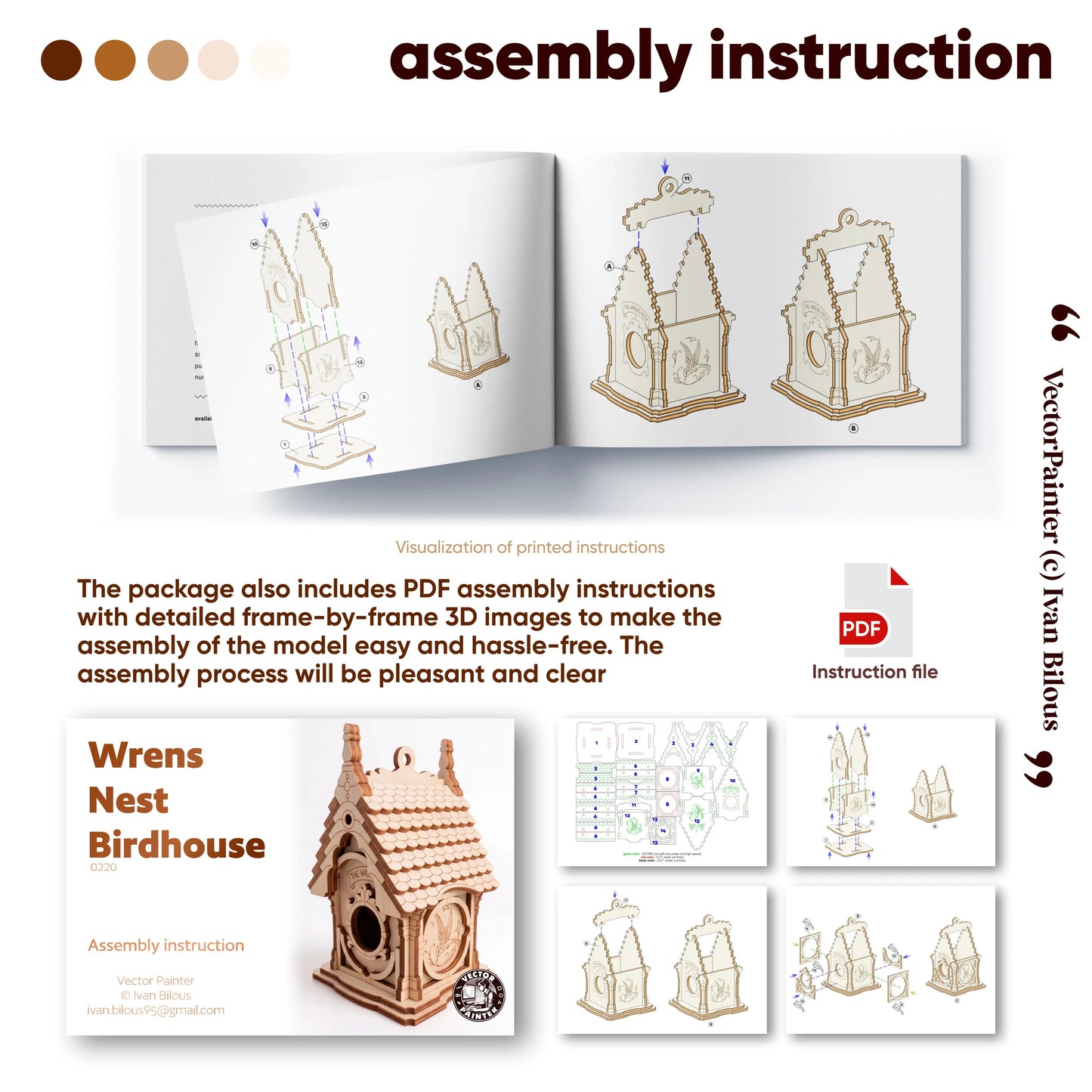 Visual preview guide showing step-by-step 3D assembly instructions for a laser-cut plywood Wrens Nest birdhouse model in PDF