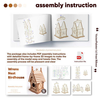 Visual preview guide showing step-by-step 3D assembly instructions for a laser-cut plywood Wrens Nest birdhouse model in PDF