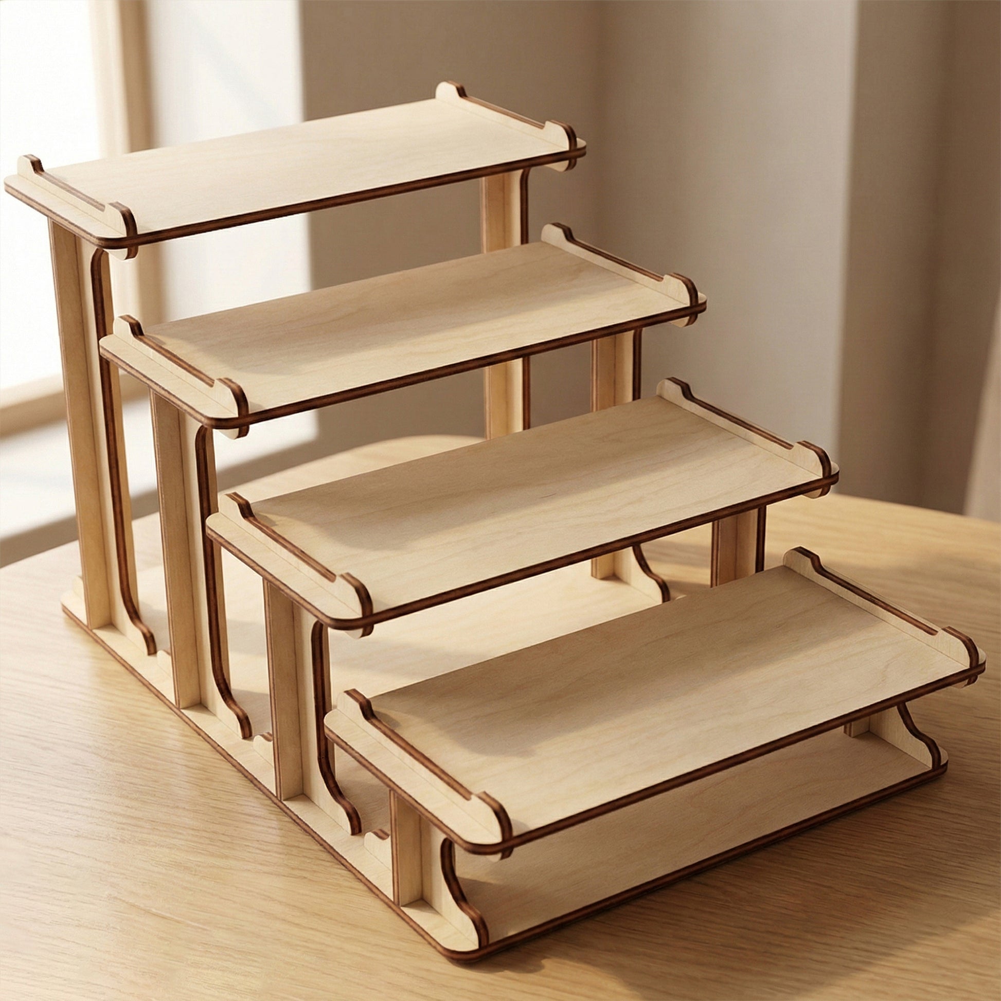 Four-tiered laser cut wooden plywood display stand on a light wood table. The minimalist riser features clean edges, visible plywood grain, and a sturdy interlocking design. Perfect for craft fairs, retail counters, or organizing small home decor.