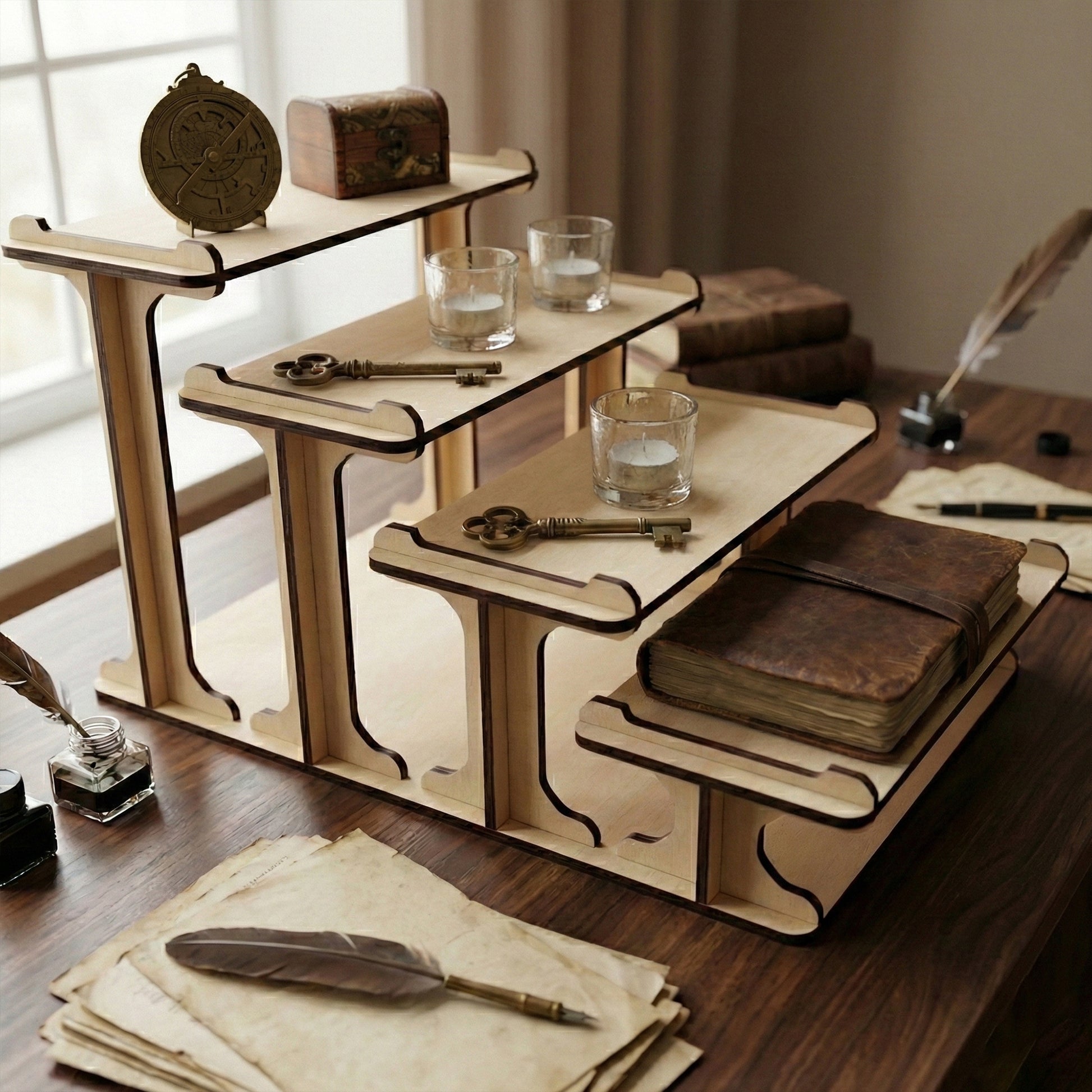 Laser cut 4-tier wooden plywood shelf displaying vintage items: antique keys, leather-bound journals, glass candles, and an astrolabe. Dark wood desk setting with an inkwell and quill, showing the stand's versatility for aesthetic home office decor