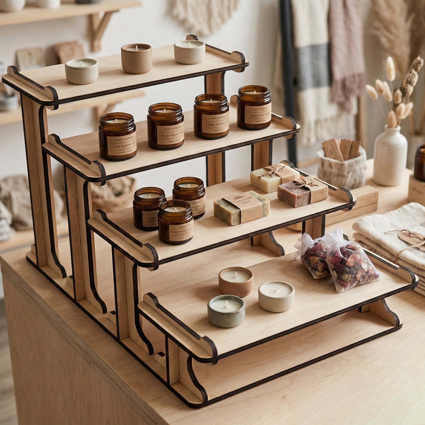 4-step tiered wooden plywood retail display filled with handmade candles in amber jars, artisanal soap bars, and dried flower sachets. Light wood laser cut construction ideal for boutique shops, apothecary displays, or vendor markets.