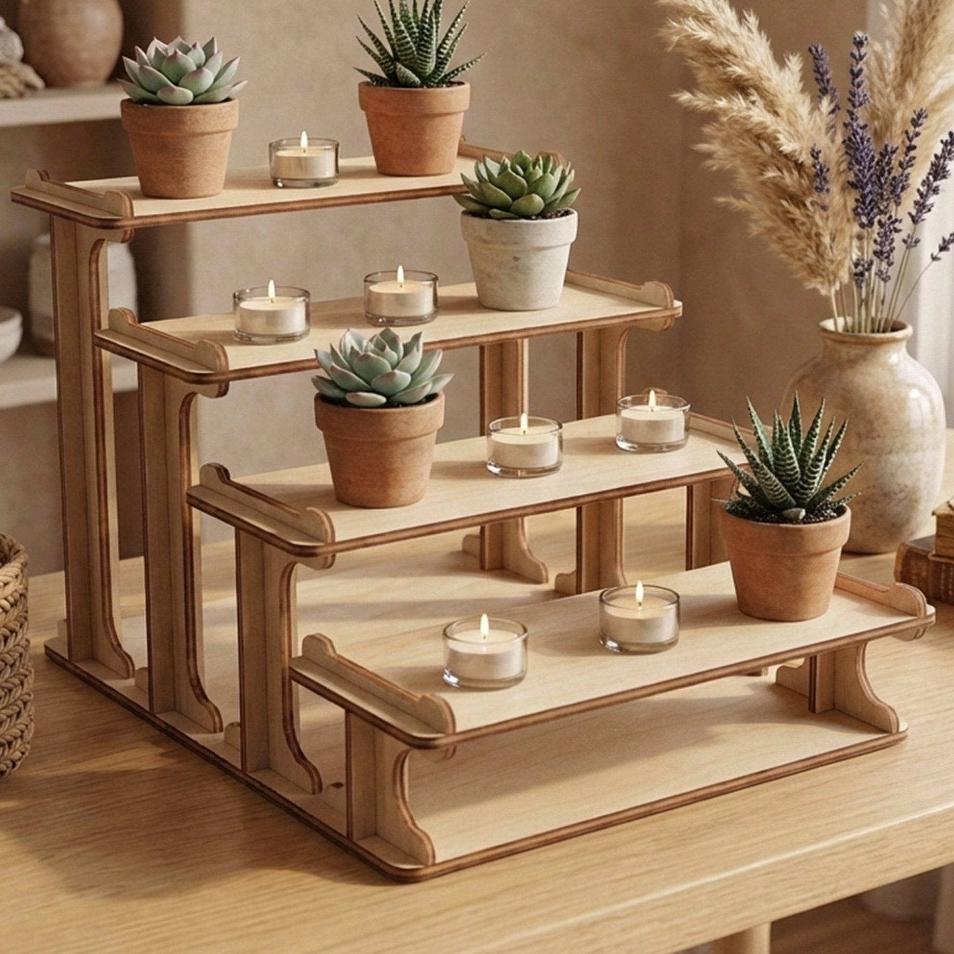 Laser cut wooden plywood 4-tier riser holding small potted succulents and tea light candles. Warm, bright interior scene with pampas grass and books, highlighting the stand as a decorative plant ladder or multi-level organizer for home.