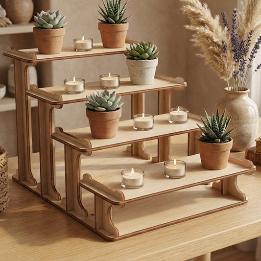 Laser cut wooden plywood 4-tier riser holding small potted succulents and tea light candles. Warm, bright interior scene with pampas grass and books, highlighting the stand as a decorative plant ladder or multi-level organizer for home.
