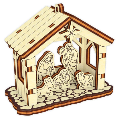 Detailed 3D model render of a classic Christmas nativity scene table ornament, made from multilayered laser cut plywood