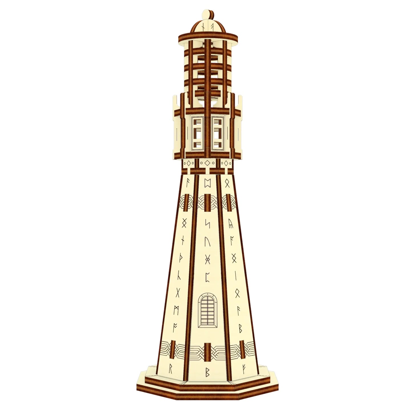 Front view isolated graphic of a miniature Nordic lighthouse tower made from layered laser cut plywood lines.