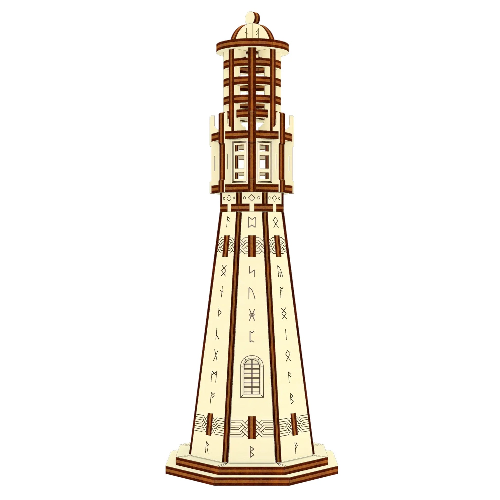 Front view isolated graphic of a miniature Nordic lighthouse tower made from layered laser cut plywood lines.
