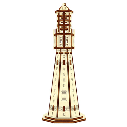 Front view isolated graphic of a miniature Nordic lighthouse tower made from layered laser cut plywood lines.