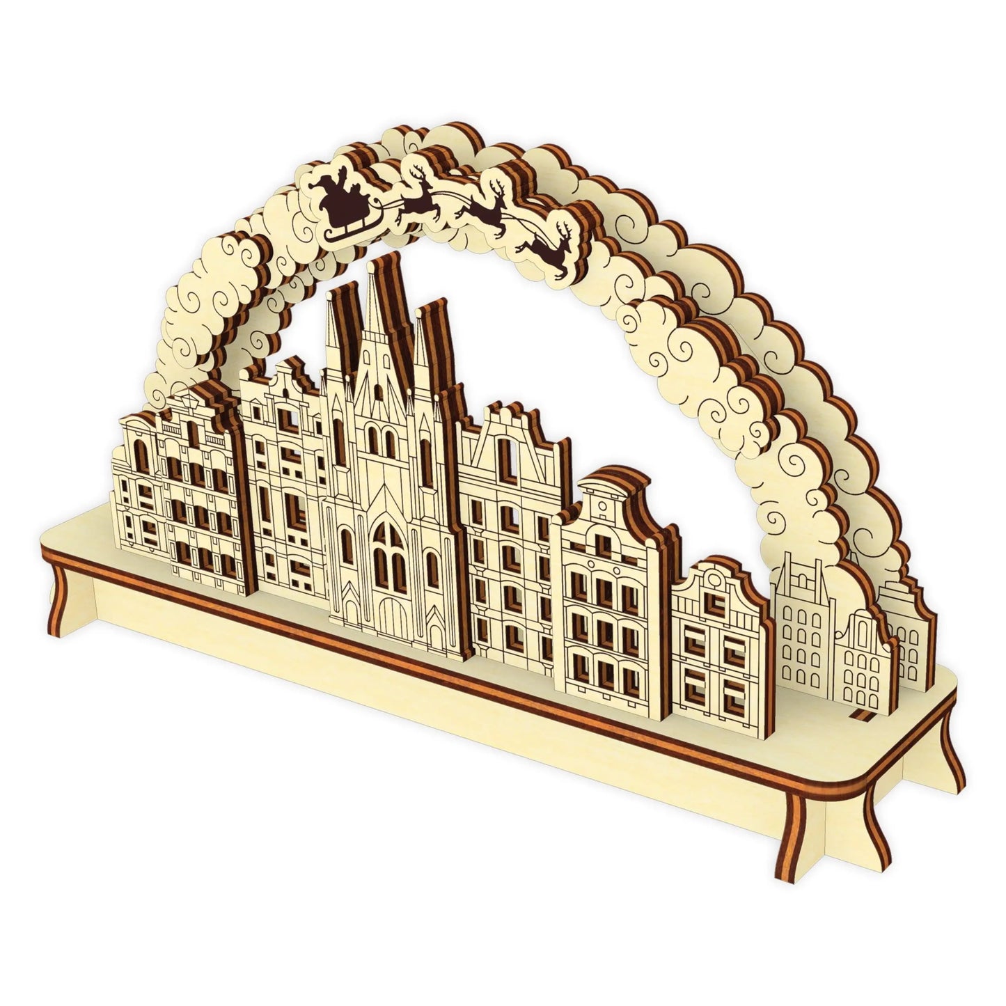Beautiful isolated 3D product render mockup of an assembled small Christmas village scene arch made of laser cut plywood.