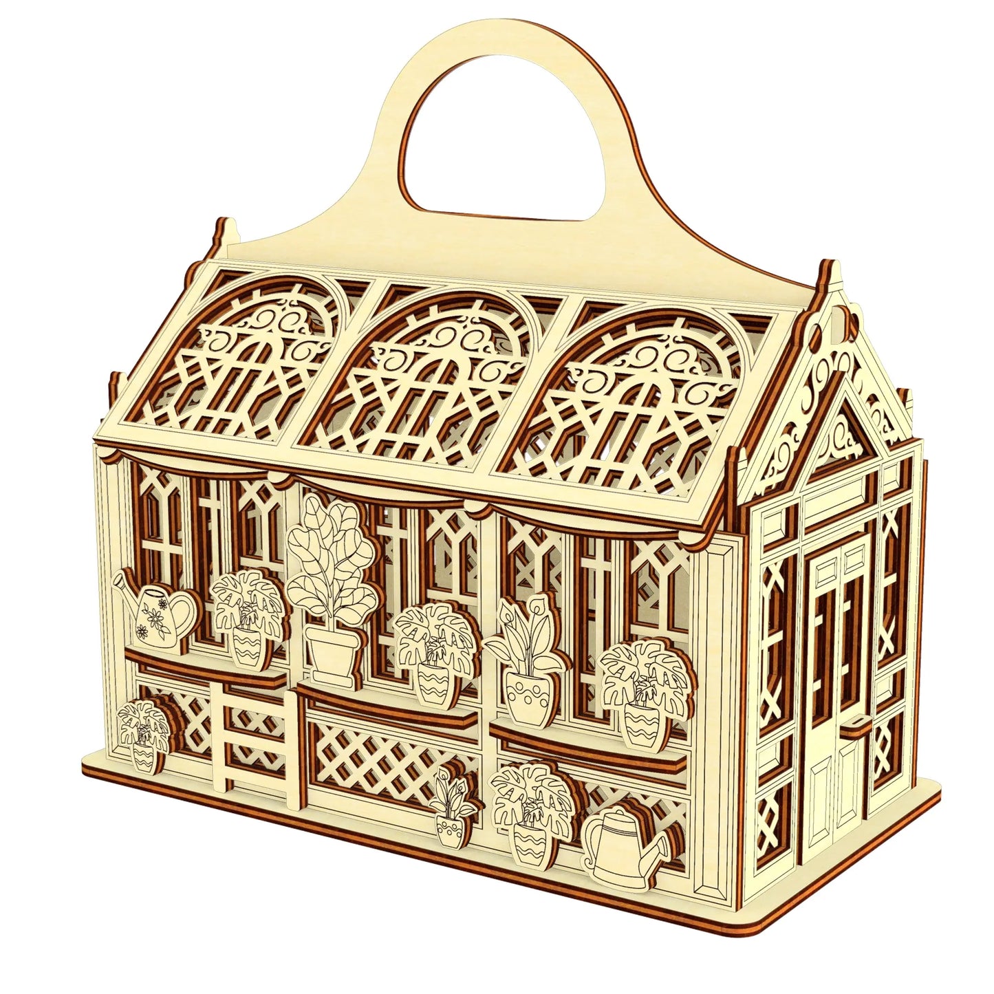 Back angle 3D model of a laser cut plywood greenhouse tote box, showcasing detailed leaf engravings and lattice trim.