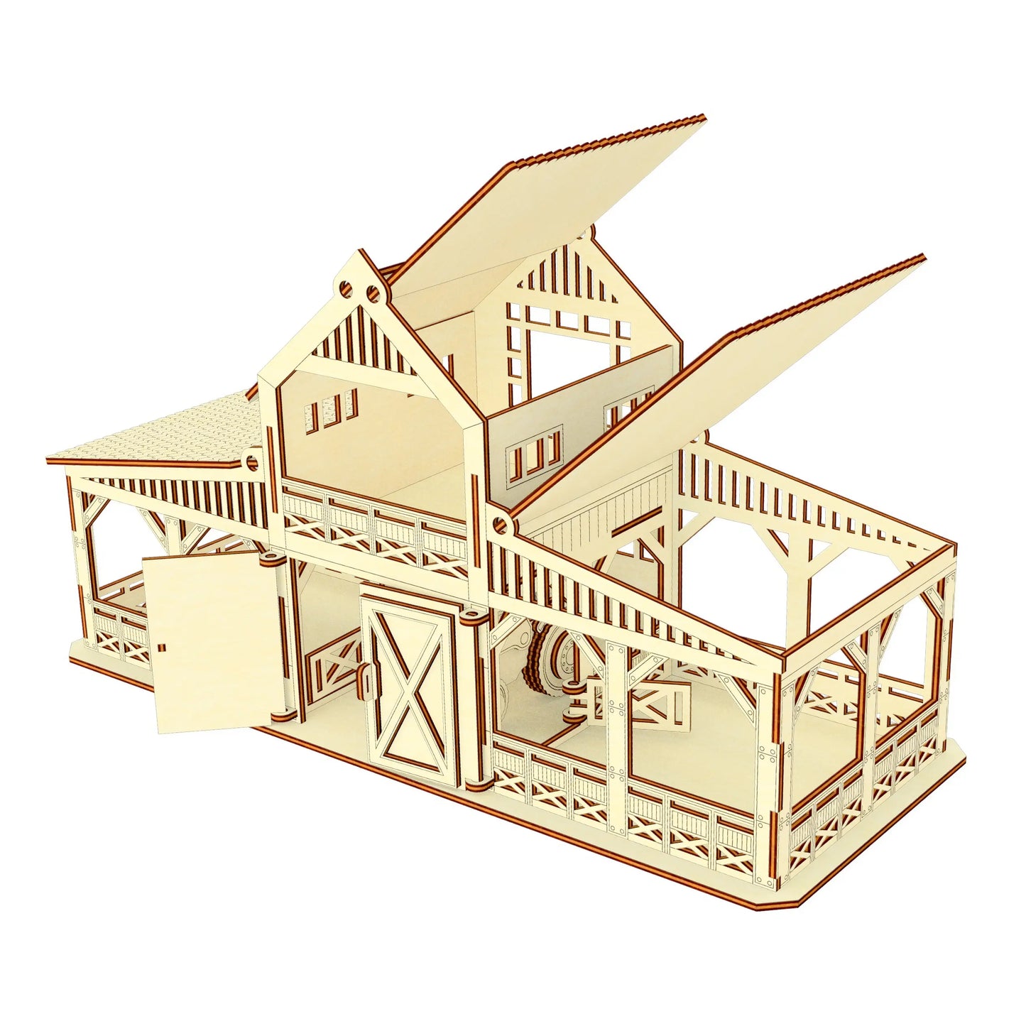 Interactive digital mockup of an assembled farm house model with adjustable roof pieces of laser cut plywood.