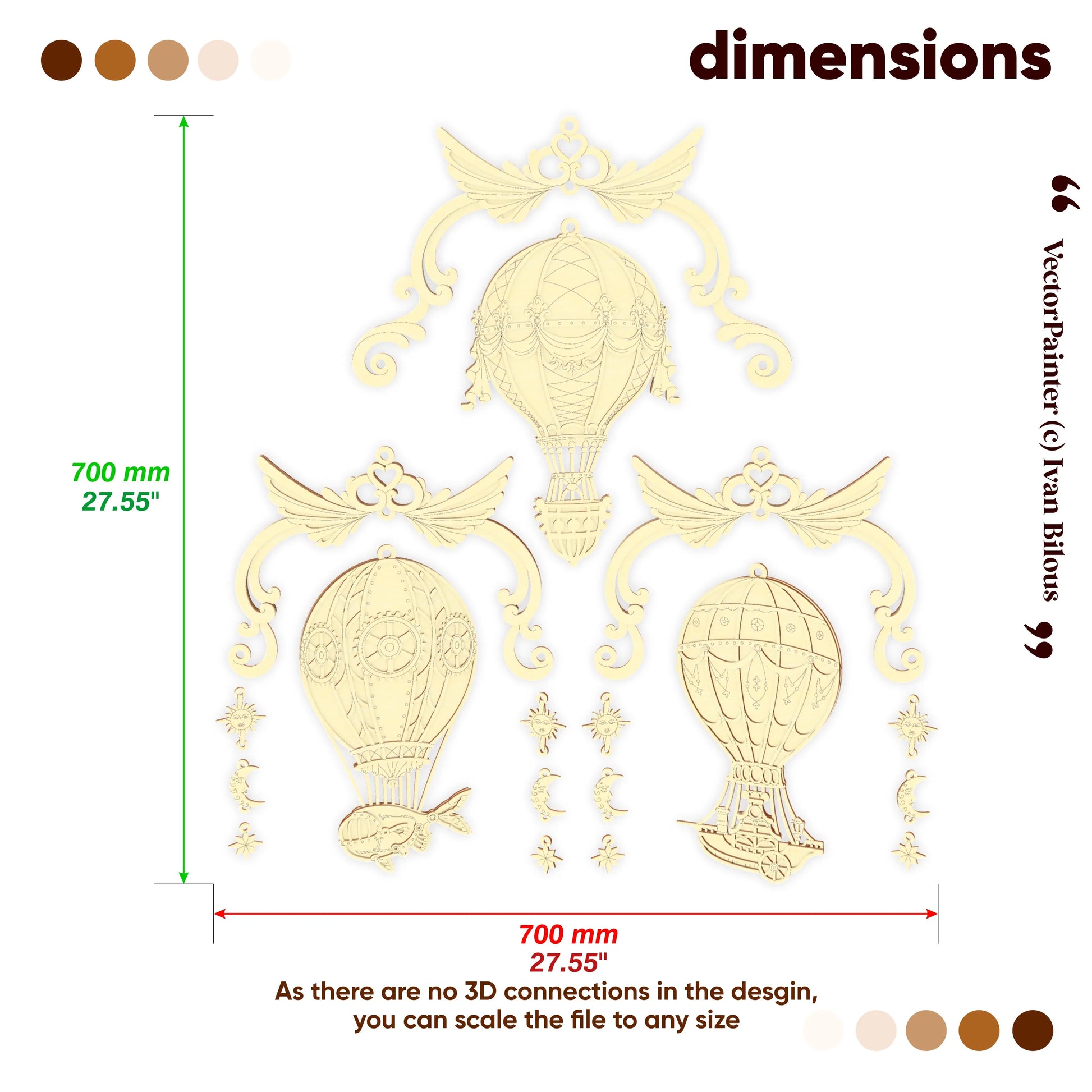 Laser cut design with hot air balloons and measurements on a white background