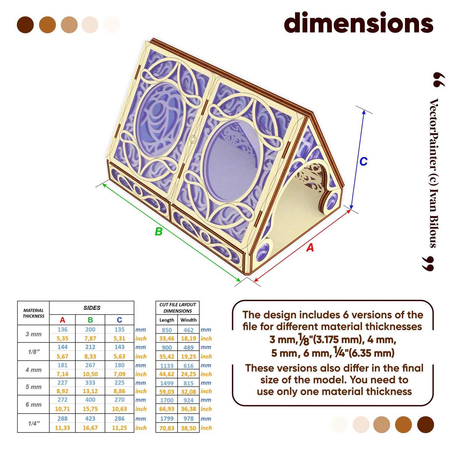 Decorative laser cut box with intricate design and measurement chart on a white background