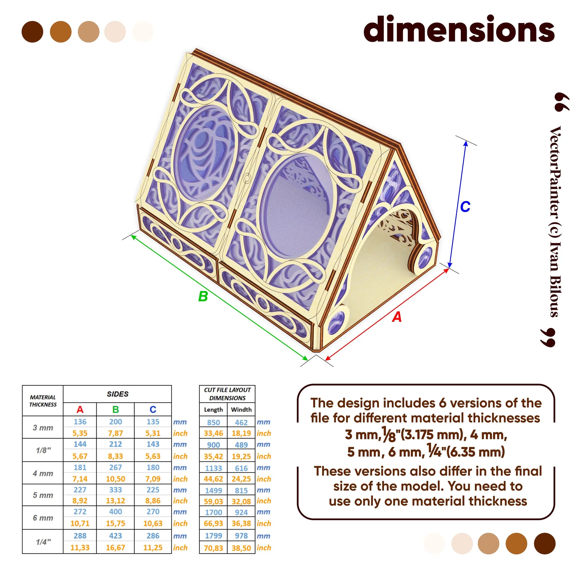 Decorative laser cut box with intricate design and measurement chart on a white background