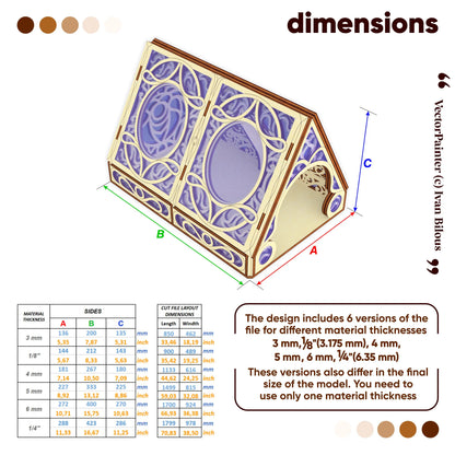 Decorative laser cut box with intricate design and measurement chart on a white background