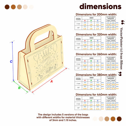 Dimensions chart for a wooden bag with measurements and color options on a white background.