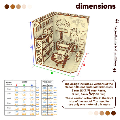 Dimensions of a laser-cut garage model with material thickness options displayed.