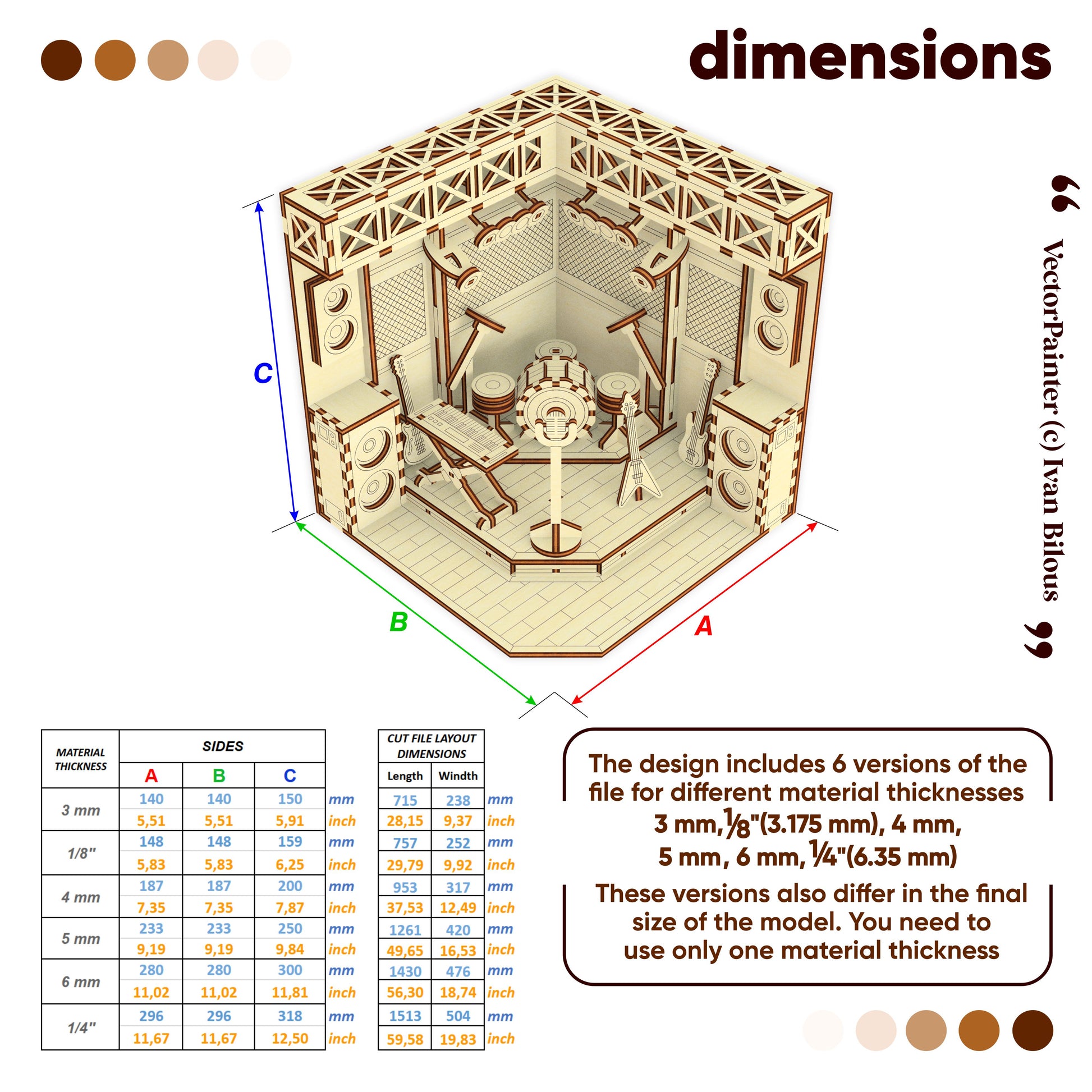 Wooden laser cut book nook model kit with dimensions and material thickness options on a white background