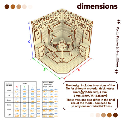 Wooden laser cut book nook model kit with dimensions and material thickness options on a white background