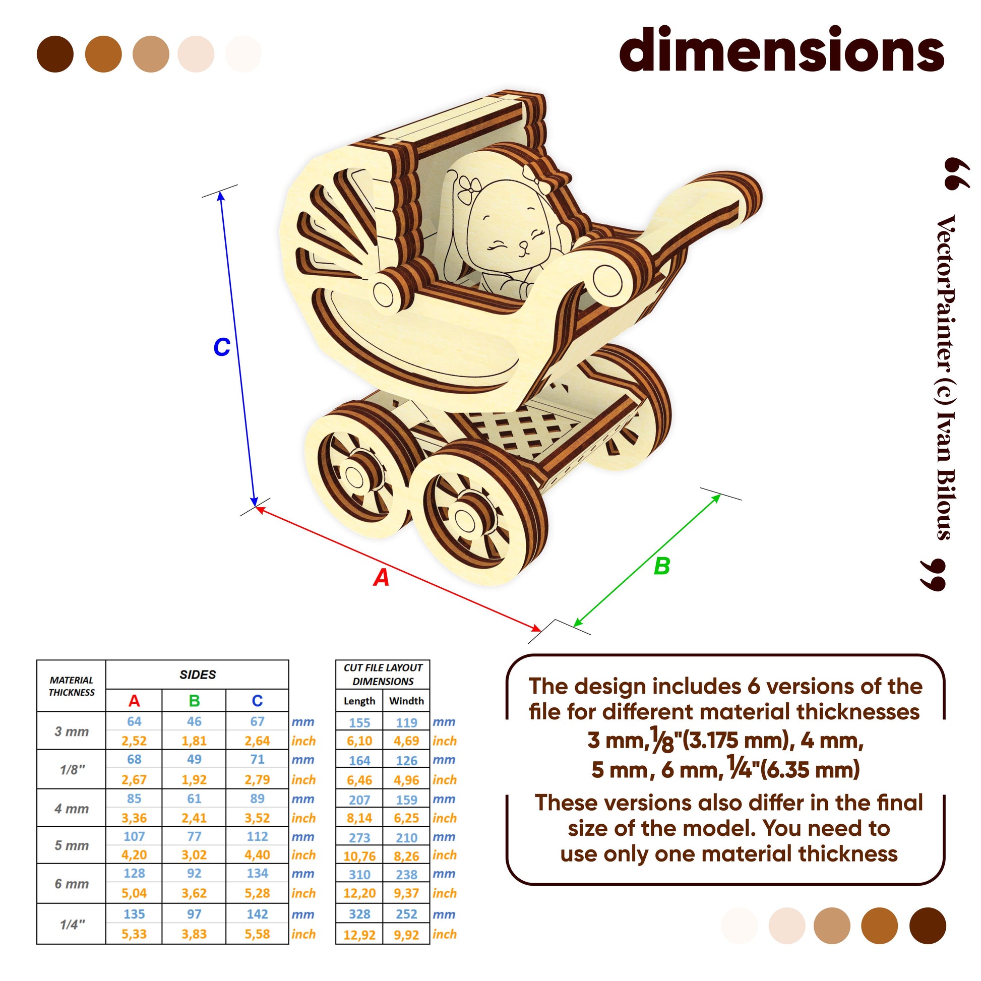 Wooden toy pram with dimensions and material thickness options on a white background