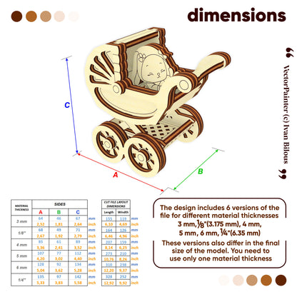 Wooden toy pram with dimensions and material thickness options on a white background