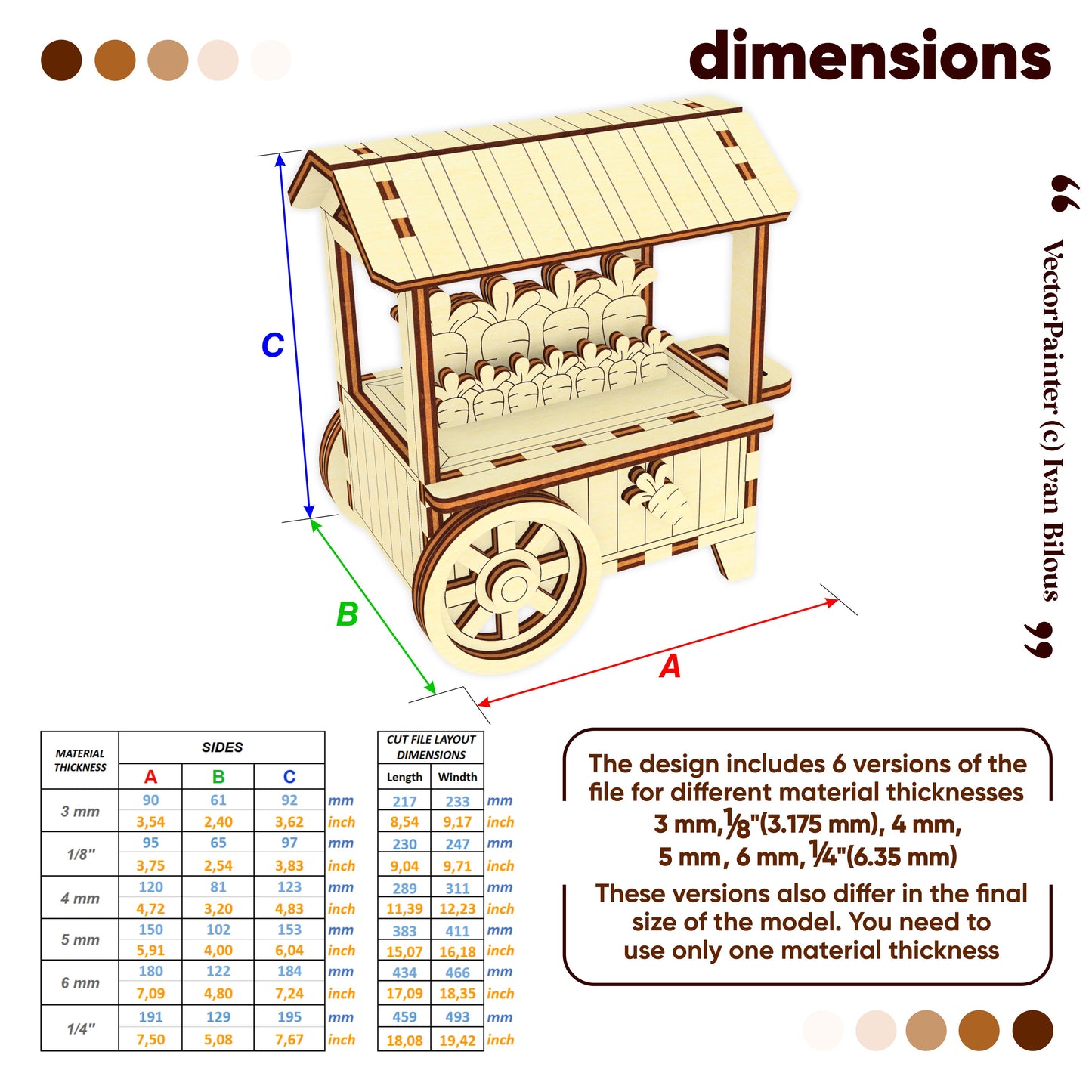 Wooden laser cut cart model with dimensions and material thickness options on a white background
