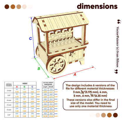 Wooden laser cut cart model with dimensions and material thickness options on a white background