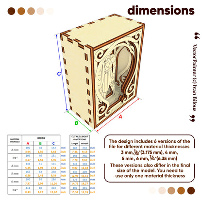 Wooden box with decorative design and dimensions on a white background