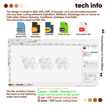 Technical laser cut design software interface with file format icons and color swatches.