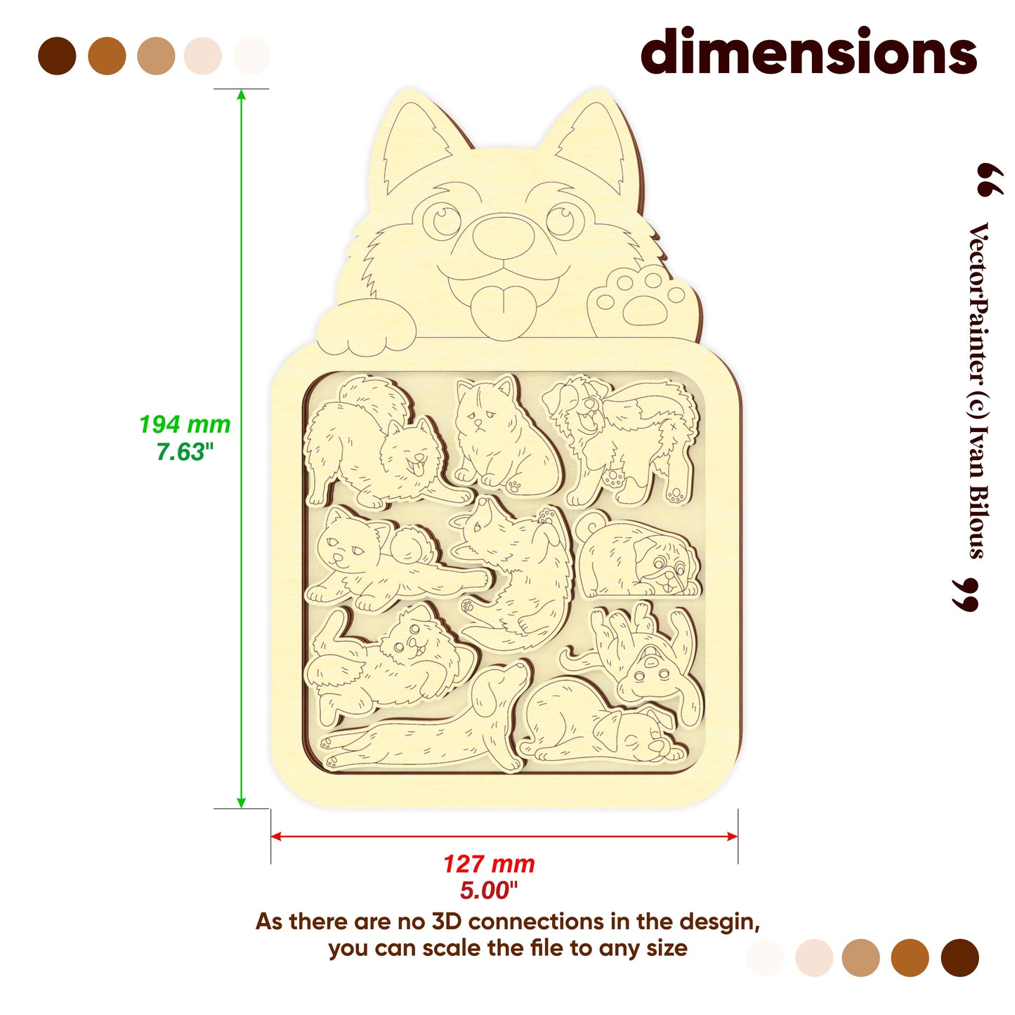 Wooden cat-shaped puzzle with dimensions labeled on a white background