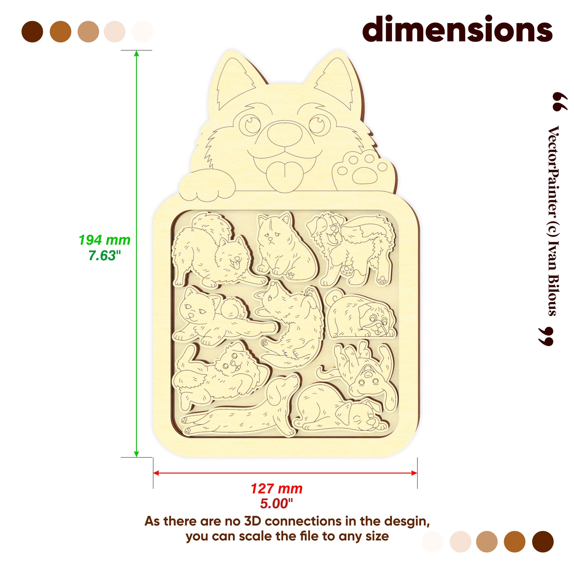 Wooden cat-shaped puzzle with dimensions labeled on a white background
