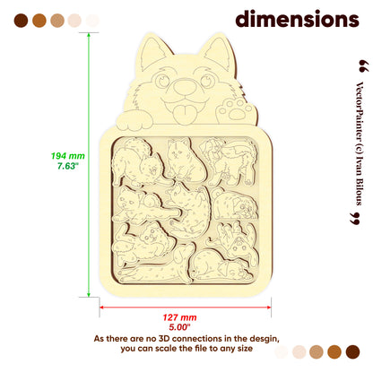Wooden cat-shaped puzzle with dimensions labeled on a white background