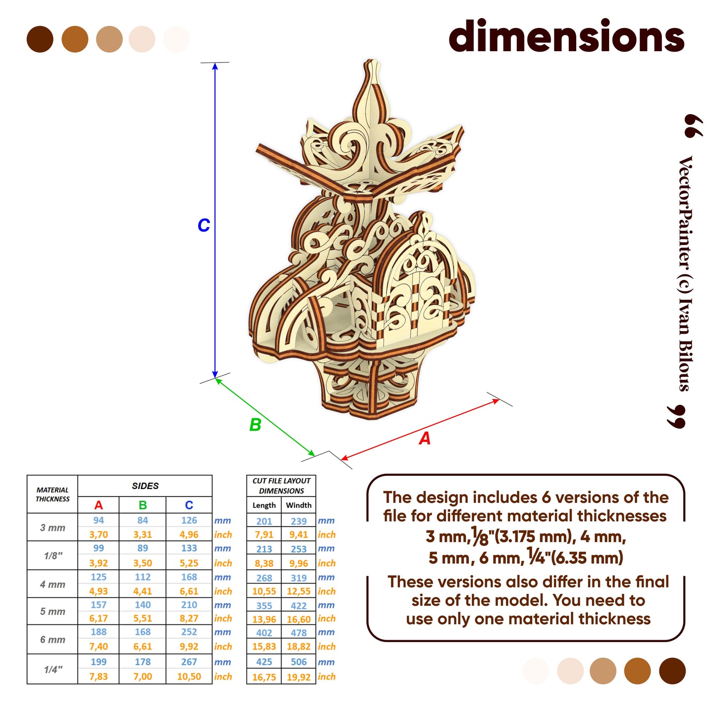 Wooden model with dimensions and material thickness options on a white background