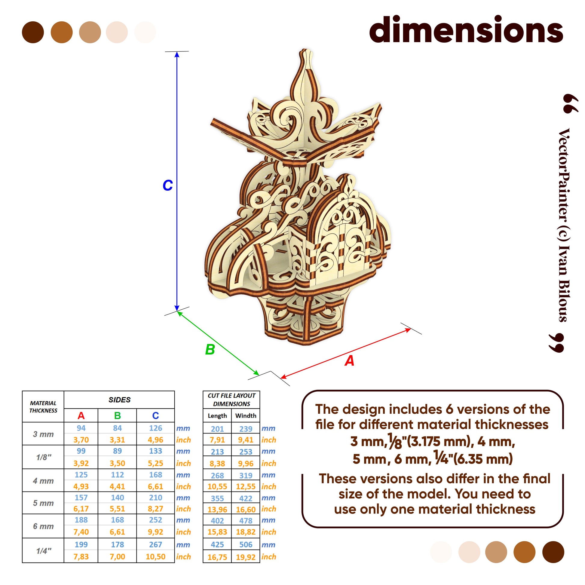 Wooden model with dimensions and material thickness options on a white background