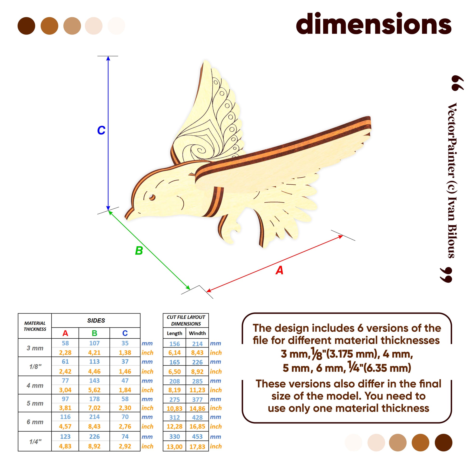 Wooden bird figurine with measurement chart and material thickness options on a white background