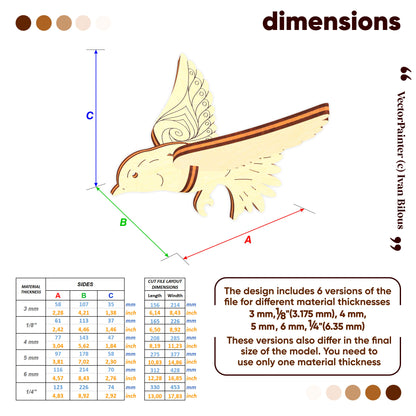 Wooden bird figurine with measurement chart and material thickness options on a white background