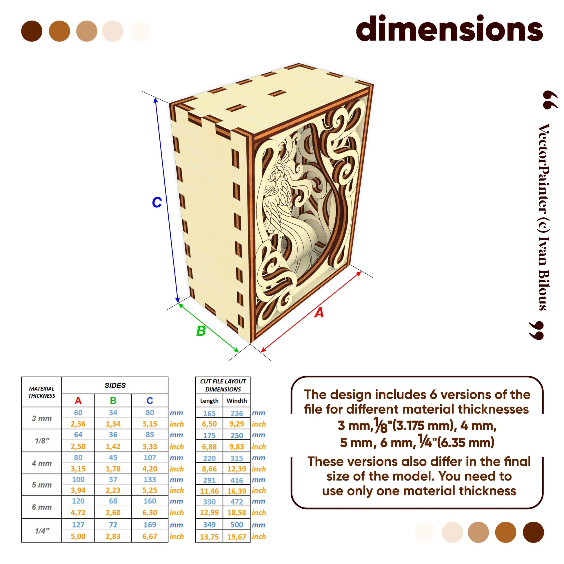 Wooden box with laser-cut design and dimensions on a white background