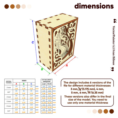 Wooden box with laser-cut design and dimensions on a white background